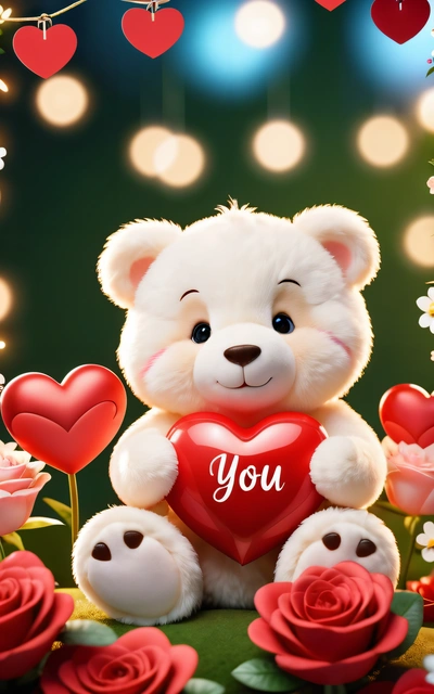 A teddy bear holding a heart with a message on it's chest and surrounded by roses and lights in the background, with a string of lights and a string of red roses, love, a picture, lyco art