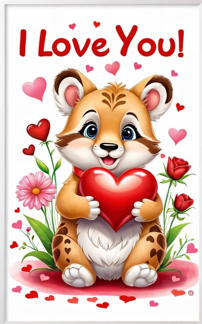 A valentine card with a cute little tiger holding a heart in it's paws and the words i love you on it's front, cute and funny, a digital rendering, furry art