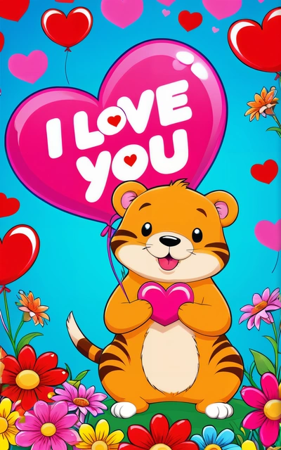 A cartoon tiger holding a heart shaped balloon with the words i love you on it and flowers surrounding it in the background with hearts floating in the air, love, a picture, furry art