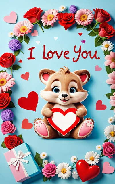 A picture of a teddy bear holding a heart surrounded by flowers and hearts with the words i love you written on it in the center, cute and funny, a digital rendering, furry art