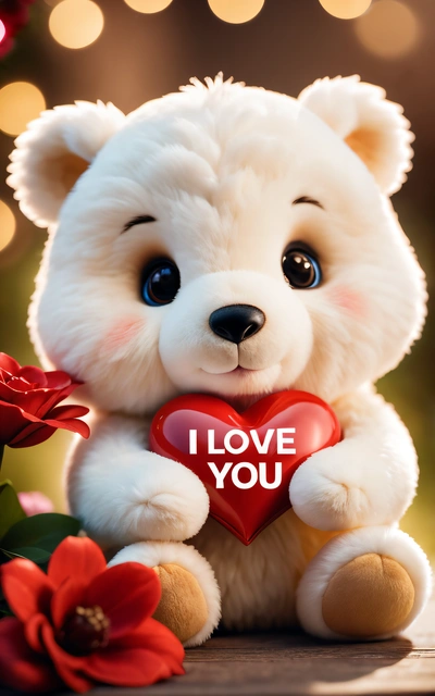 A white teddy bear holding a red heart with a message i love you on it's chest and a flower in front of it, love, a screenshot, lyco art