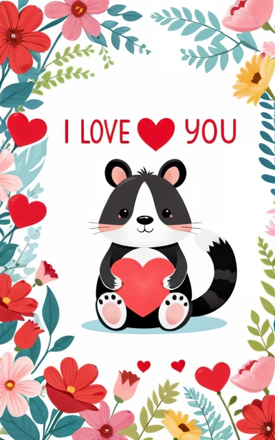 A panda bear holding a heart surrounded by flowers and hearts with the words i love you on it's chest and the words i love you written in the middle, love, a storybook illustration, furry art