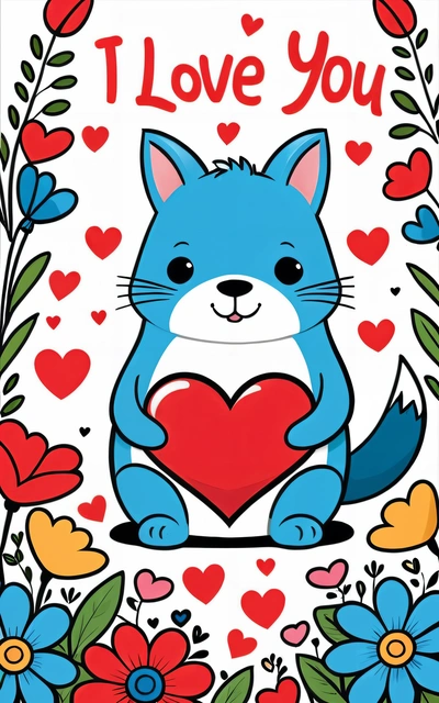 A card with a cat holding a heart in it's paws and the words i love you on it's front and a floral border, kawaii, vector art, furry art