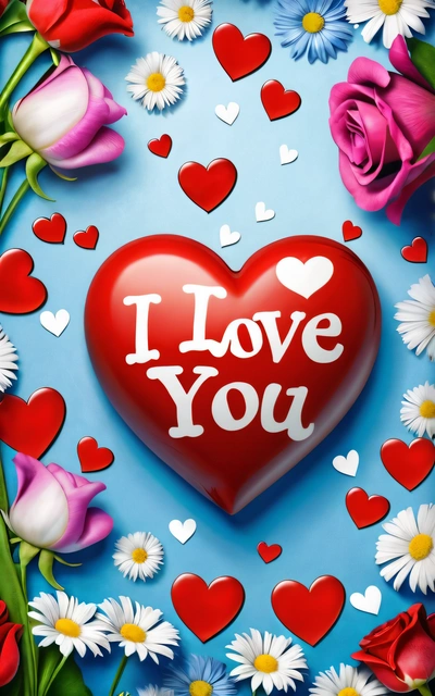 A heart surrounded by flowers and hearts with the words i love you on it in the center of the image is a blue background with white daisies and red, love, a digital rendering, romanticism