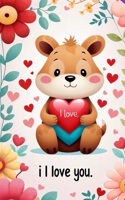 A teddy bear holding a heart with the words i love you on it and flowers around it, with a white background with red and yellow flowers, love, a storybook illustration, naive art