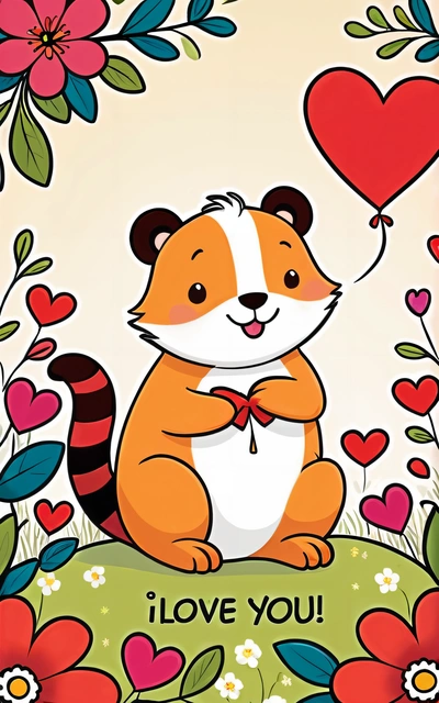 A cartoon panda holding a heart balloon in a field of flowers and hearts with a message i love you written below it that says i love you, cute and funny, a storybook illustration, furry art