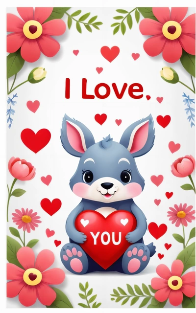 A card with a cute bunny holding a heart in it's paws and the words i love you on it's front and a floral border, love, a digital rendering, computer art