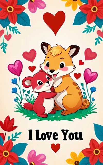 A couple of animals that are sitting in the grass with hearts around them and the words i love you written on the back of the picture, love, a storybook illustration, furry art