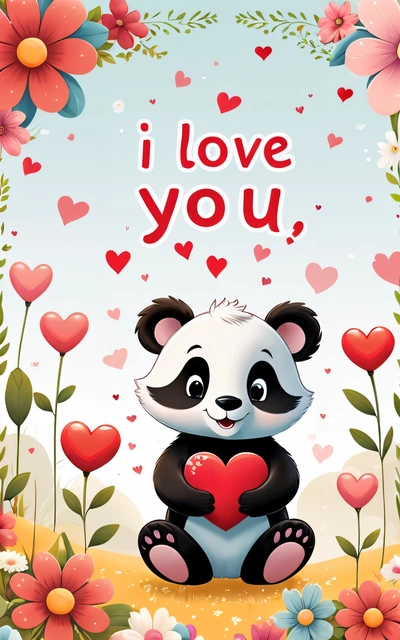 A panda bear holding a heart in its paws with the words i love you on it's side and flowers surrounding it in the background, love, a screenshot, romanticism