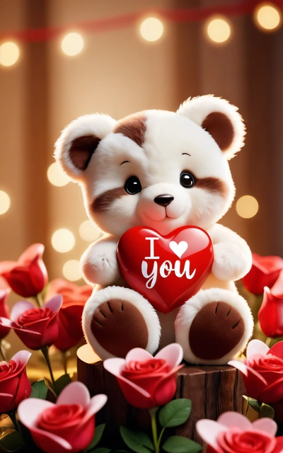 A teddy bear with a heart sitting on a box of roses with a message i love you on it's chest and a string of lights behind it, love, a picture, romanticism