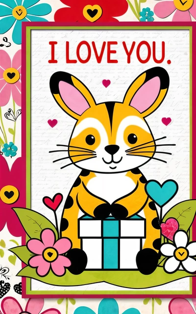 A card with a picture of a cat holding a present box and the words i love you on it, surrounded by flowers and hearts, kawaii, a digital rendering, naive art