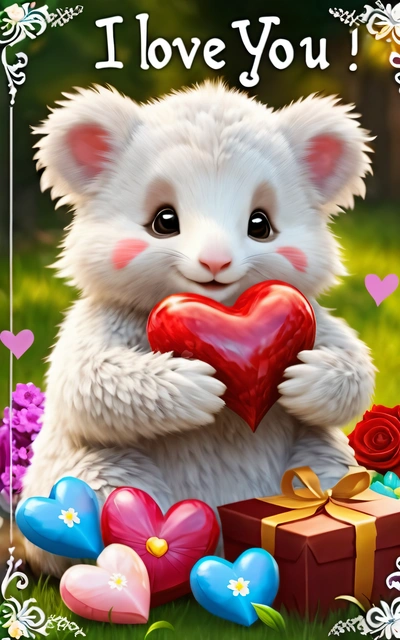 A white bear holding a heart in its paws with a box of hearts in front of it and a flower and a box of chocolates in the background, cute and funny, a screenshot, furry art