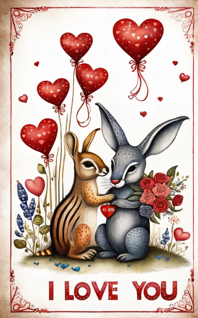 A card with two rabbits and hearts on it, and the words i love you written in red on the front of the card, and bottom, whimsical, a storybook illustration, folk art