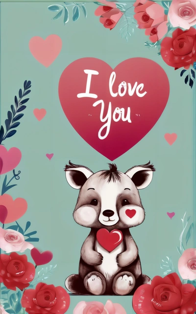 A card with a picture of a bear holding a heart and the words i love you on it in a frame surrounded by roses and hearts, love, a digital painting, naive art