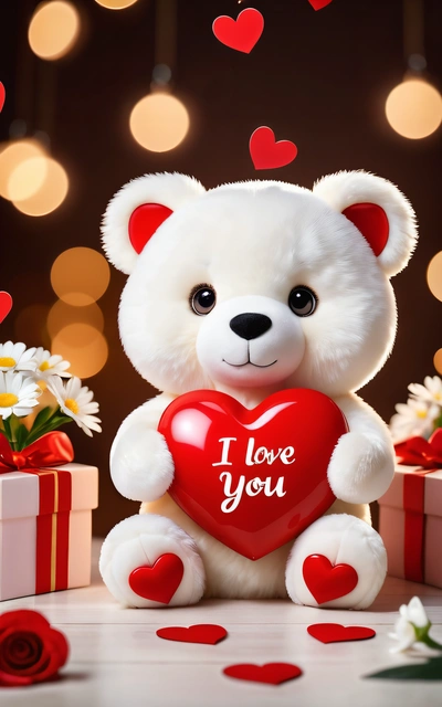 A white teddy bear holding a heart with a message i love you on it and a gift box with a flower in front of it, love, a digital rendering, romanticism