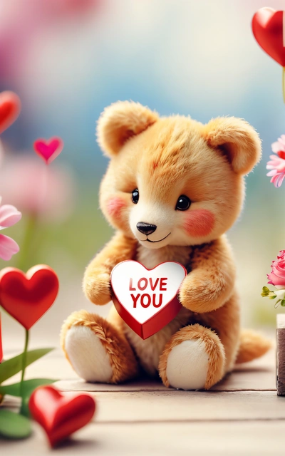 A teddy bear holding a heart with a message love you on it sitting in front of flowers and hearts on the ground with a sky background, love, a picture, lyco art