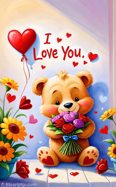 A painting of a teddy bear holding a bouquet of flowers and a balloon with the words i love you on it and a heart balloon, love, a picture, lyco art