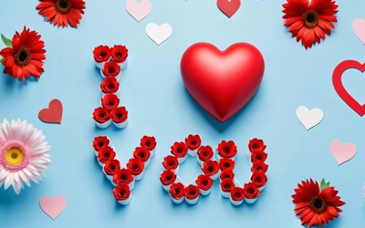 A red heart and some red flowers and a word love spelled out of paper hearts and flowers on a blue background with hearts and flowers, love, a 3d render, romanticism