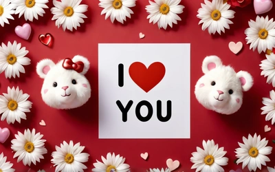 Two teddy bears are next to a card with i love you written on it and daisies scattered around it on a red background with hearts and daisies, love, a picture, romanticism