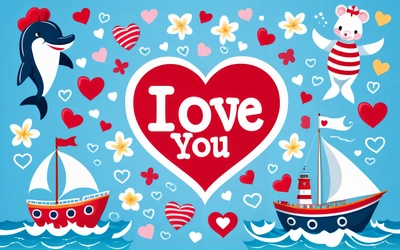 A heart with a boat and a dolphin with a dolphin on it and a heart with a dolphin and a dolphin on it with a boat and a heart with a dolphin, love, a cross stitch, naive art