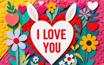 A paper cut out of a heart with a bunny ears and flowers on it that says i love you on the front of the card, paper texture, a poster, naive art