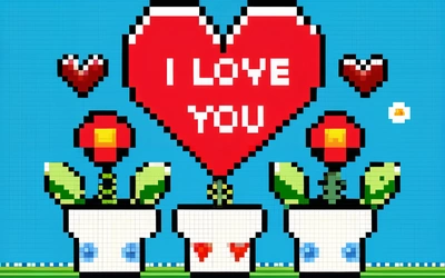 A pixel art picture of a heart and two flower pots with a cactus in it and a heart shaped balloon above it that says i love you, 2 d game art, a cross stitch, pixel art