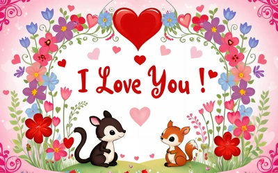 A picture of a couple of animals in a field with flowers and hearts around them with the words i love you written in the center, love, a cross stitch, furry art