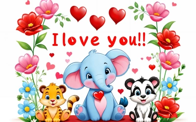 A picture of a baby elephant and a baby tiger with a heart on a valentine card with flowers and hearts in the background with the words i love you, love, a picture, lyco art