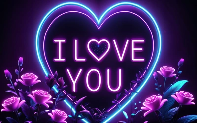 A neon sign that says i love you with roses in the background and a heart shaped frame with the word i love you on it, neon lighting, a hologram, computer art