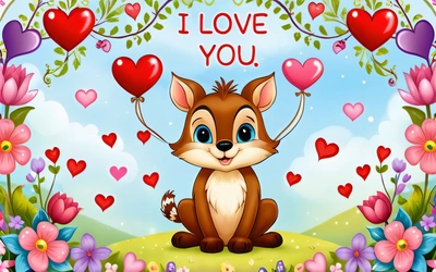 A cute little fox holding a bunch of hearts in a frame with flowers and hearts around it that says i love you on a sunny day, cute and funny, a storybook illustration, furry art