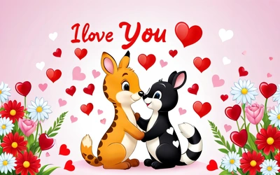 A couple of animals sitting next to each other on a field of flowers and hearts with the words i love you written on the back, love, a storybook illustration, lyco art