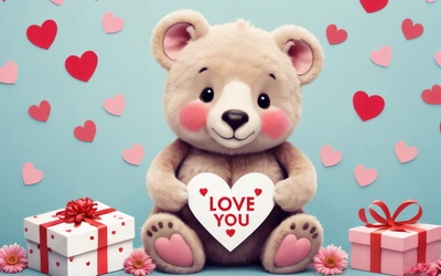 A teddy bear with a heart shaped box and a gift box with a bow on it and a heart shaped box with a love you message, love, a digital rendering, romanticism