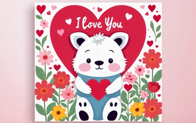 A card with a bear holding a heart in the middle of flowers and hearts on it, with the words i love you written on the front, love, a storybook illustration, naive art