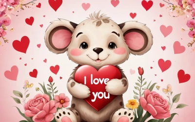 A cute little mouse holding a heart with flowers around it and hearts in the background with the words i love you written on it in the middle, love, a digital rendering, furry art