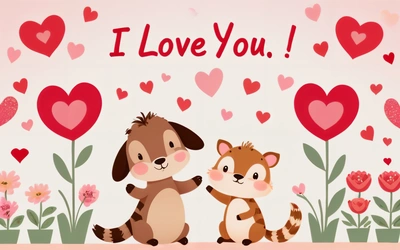 A couple of animals standing next to each other on a field of flowers and hearts with the words i love you written on the back, love, a storybook illustration, naive art