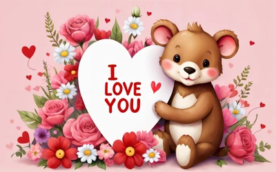 A teddy bear holding a heart shaped sign with flowers around it and a message i love you on it that says i love you on the front, love, a picture, lyco art