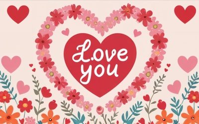 A heart with flowers and hearts around it with the words love you written on it in a heart surrounded by flowers and hearts on a white background, love, a cross stitch, naive art