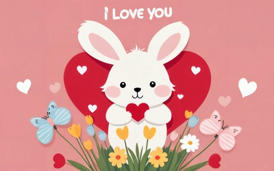 A cute bunny holding a heart surrounded by flowers and butterflies on a pink background with a message i love you written below it in a, love, a screenshot, naive art