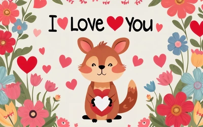 A card with a fox holding a heart surrounded by flowers and hearts that say i love you on it, with a floral border of hearts and flowers, love, vector art, furry art