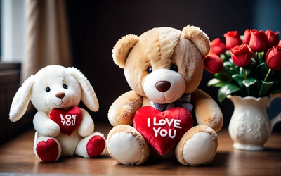 Two stuffed animals with a heart and a vase with roses in it on a table with a vase of roses and a vase with a red rose, love, a stock photo, romanticism