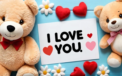 Two teddy bears with a sign that says i love you on it and hearts around them with a bow tie and a flower on a blue background with daisies, love, a stock photo, romanticism