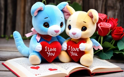 Two stuffed animals sitting on top of an open book with a heart on it and a rose behind them with i love you written on it, love, a 3d render, furry art