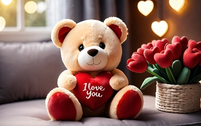 A teddy bear sitting on a couch with a heart shaped pillow and a vase of flowers with a red heart on it, with a valentine's day message, love, a stock photo, romanticism