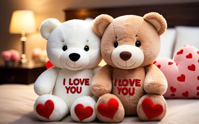 Two teddy bears sitting on a bed with hearts on them and a pillow behind them that says i love you and a teddy bear with a heart, love, a picture, romanticism