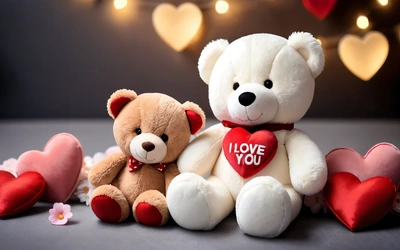 Two teddy bears sitting next to each other with hearts around them and lights in the background behind them and a heart shaped pillow in the middle, love, a stock photo, romanticism