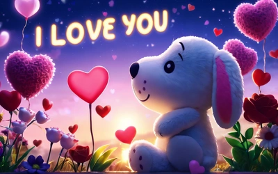 A stuffed animal sitting in the grass with hearts around it and the words i love you written on the back of it in a cartoon style, love, a picture, romanticism