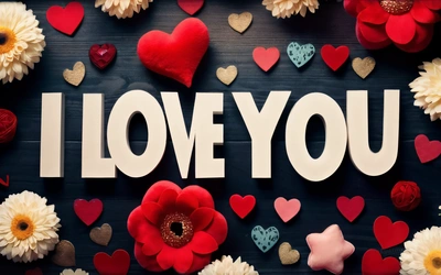 A picture of a valentine's day message surrounded by flowers and hearts on a black background with i love you written in the center, love, a cross stitch, romanticism