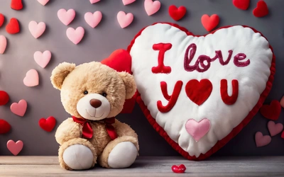 A teddy bear sitting next to a heart shaped pillow with i love you written on it and hearts scattered around it on a gray background, love, a cross stitch, romanticism