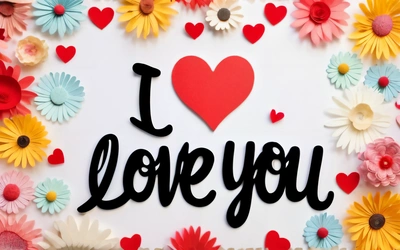 A picture of a greeting card with flowers and a heart that says i love you on it with a red heart in the center of the card, love, a picture, romanticism