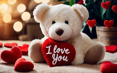 A teddy bear holding a heart with the words i love you on it and hearts scattered around it on a carpet with lights in the background, love, a stock photo, romanticism